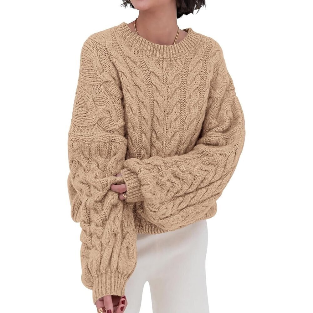Women's Apricot Spring Fall Cable Knit Long Sleeve Crew Neck Oversized Sweater